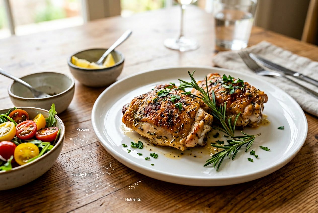 Close-up of cooked chicken thighs garnished with herbs on a white plate with fresh vegetables around.