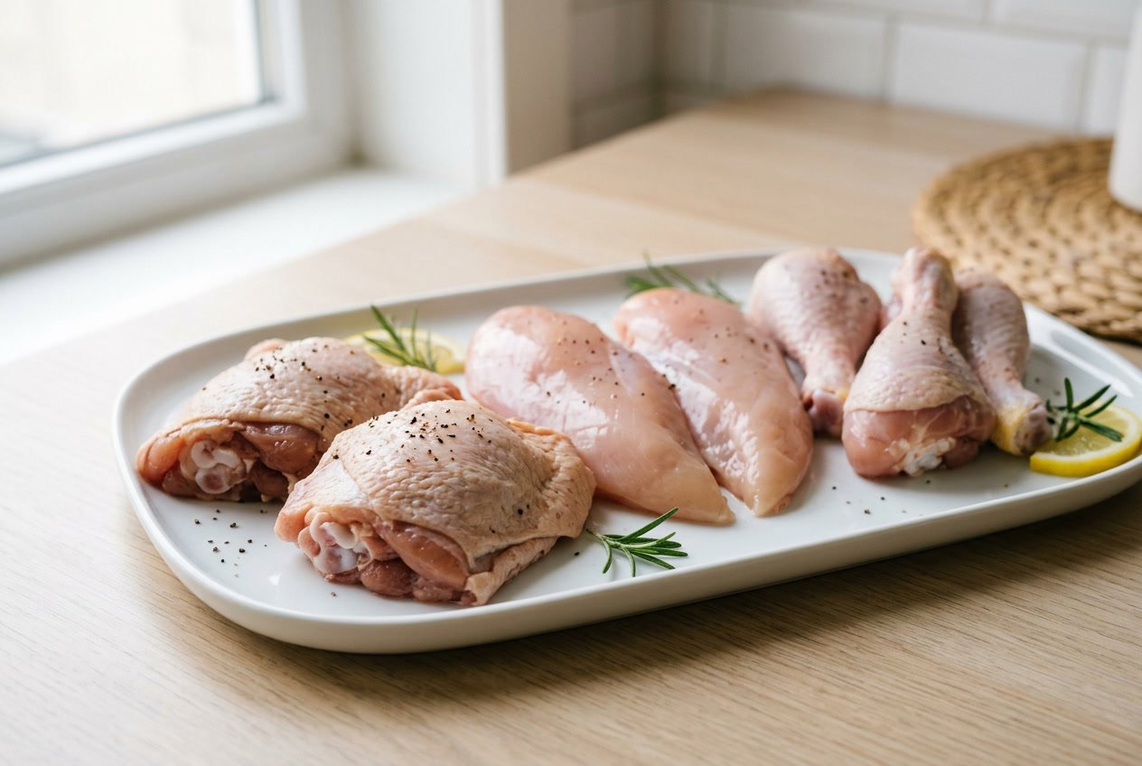 Close-up of chicken thighs and other chicken cuts arranged on a white surface with garnishes.