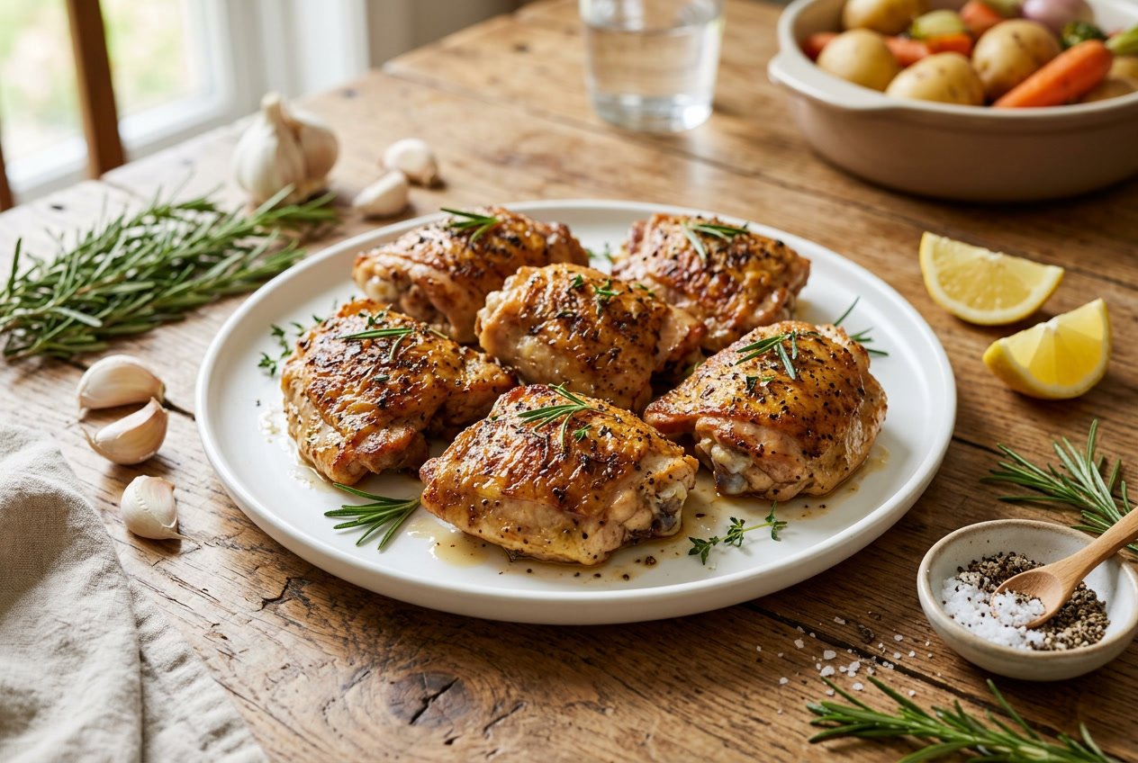 Close-up of cooked chicken thighs on a plate with rosemary, garlic, and lemon on a wooden table.