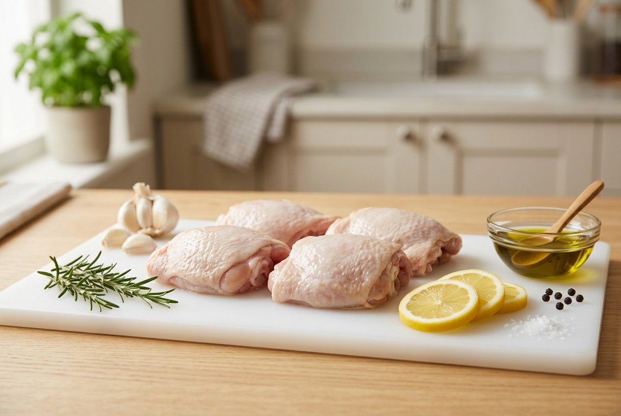 Close-up of raw chicken thighs on a cutting board surrounded by fresh herbs, lemon slices, and olive oil in a kitchen setting.
