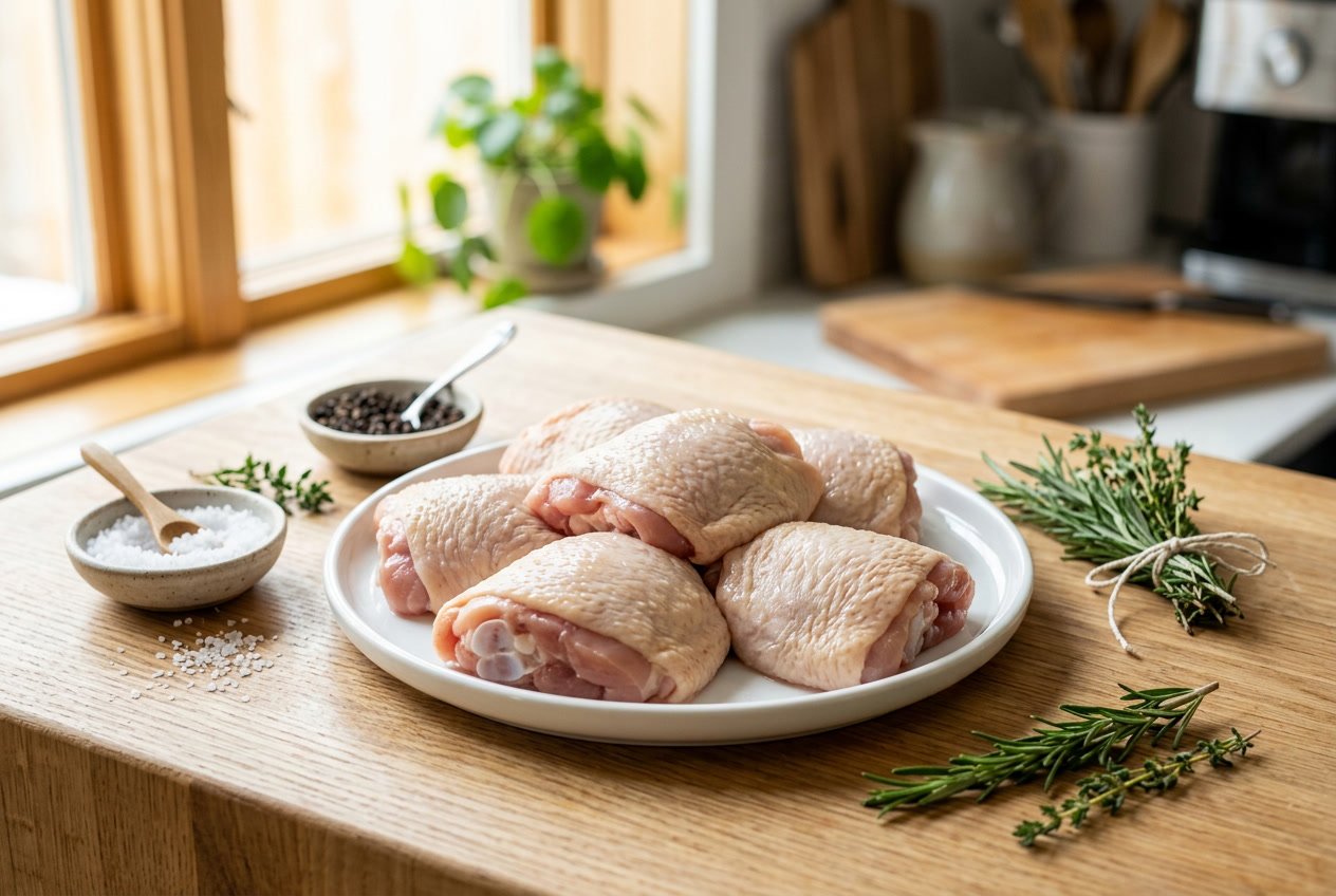 Raw chicken thighs on a white plate surrounded by small bowls of salt, pepper, and herbs on a kitchen countertop.