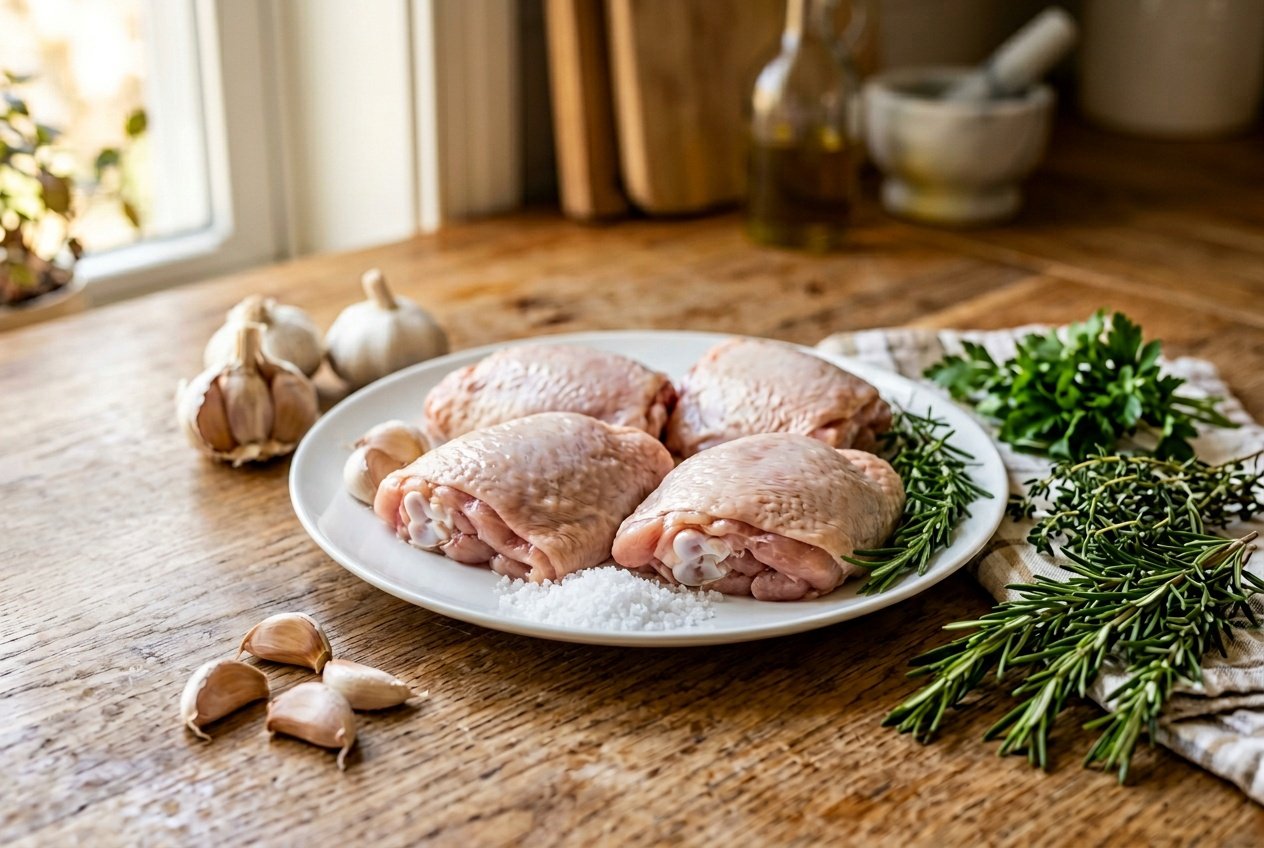 Fresh raw chicken thighs on a white plate surrounded by rosemary, garlic, and salt on a wooden surface.