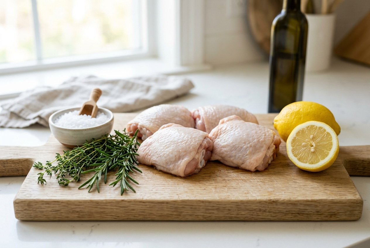 Raw chicken thighs on a wooden cutting board with sea salt, fresh herbs, and lemon on a kitchen countertop.