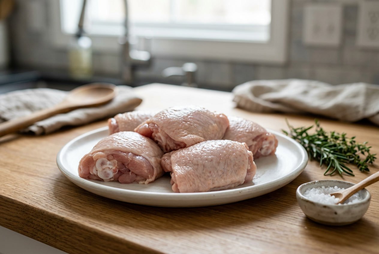 Fresh raw chicken thighs arranged on a white plate on a wooden kitchen countertop with herbs and salt in the background.