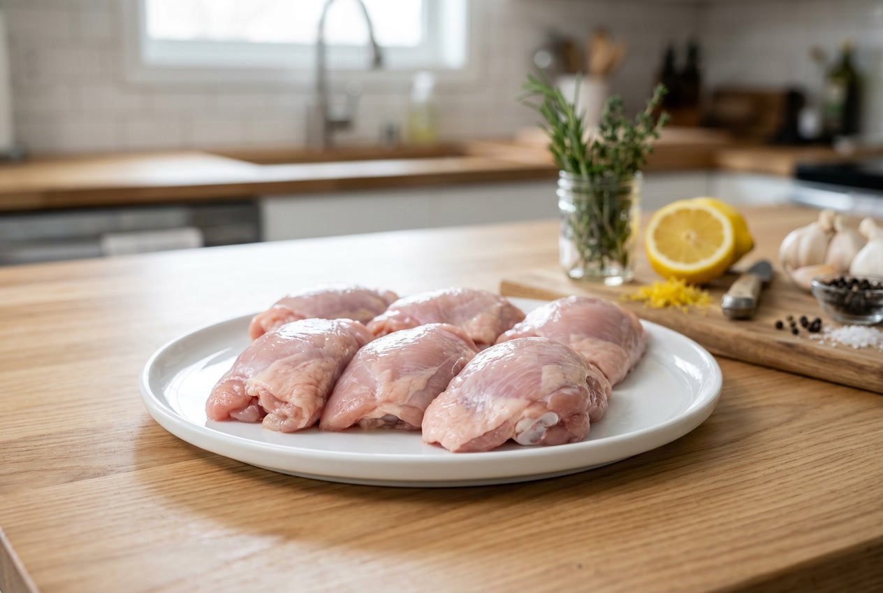 Fresh raw chicken thighs on a white plate on a wooden countertop with herbs, lemon, and garlic in the background.