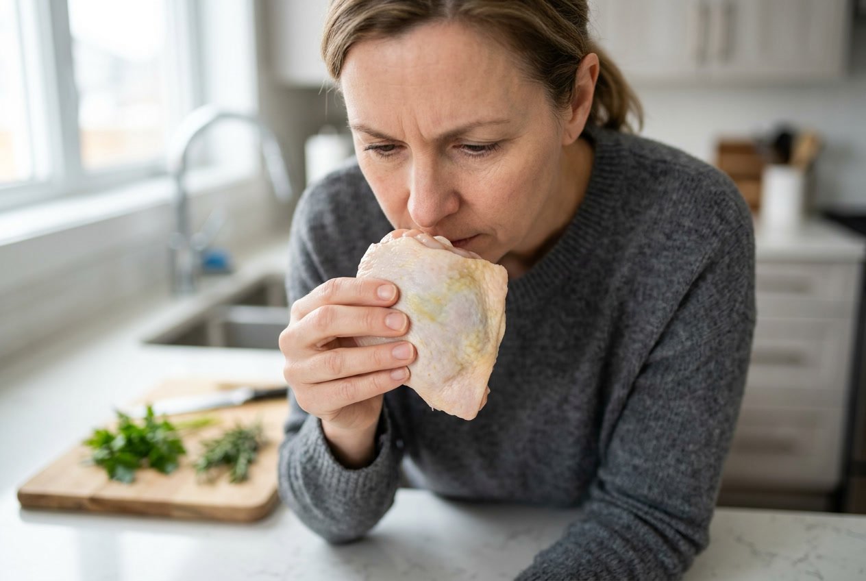 A person holding a raw chicken thigh near their nose in a kitchen, inspecting it by smell.