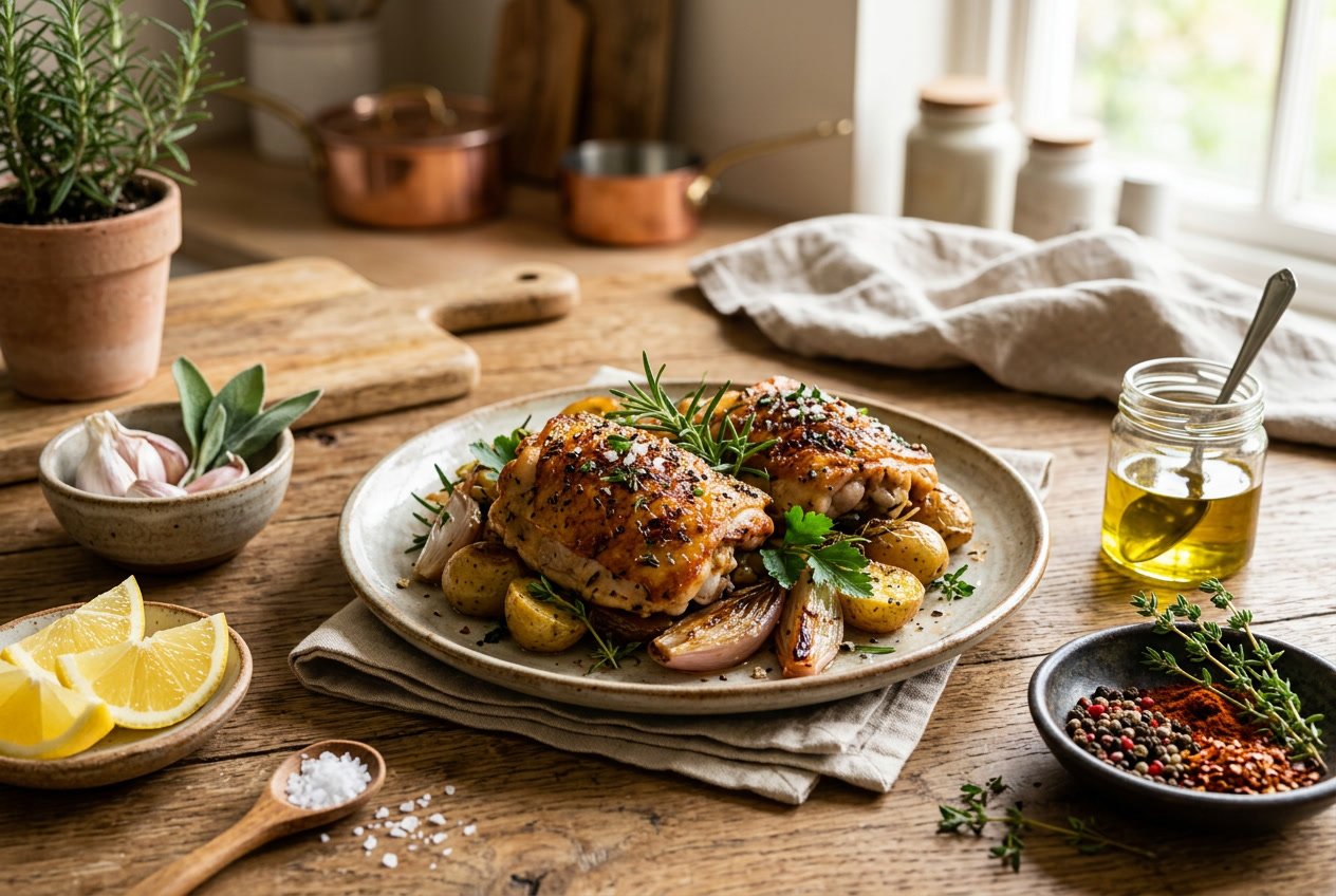 A plate of cooked chicken thighs garnished with fresh herbs on a wooden table with bowls of cooking ingredients nearby.