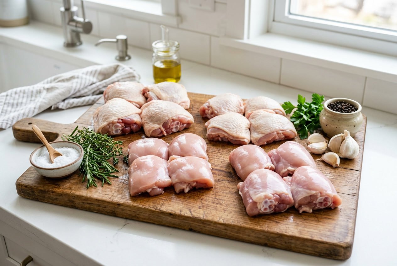 Various types of raw chicken thighs displayed on a wooden cutting board with herbs and garlic in a kitchen setting.