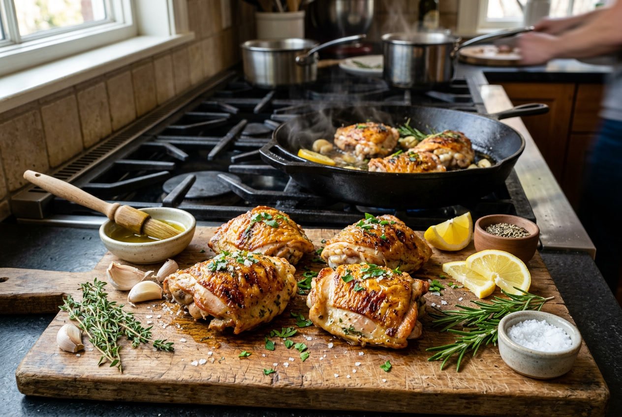 Close-up of cooked chicken thighs on a wooden board with fresh herbs, garlic, lemon wedges, and a skillet with chicken cooking on a stovetop.