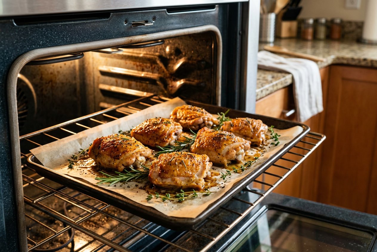 Several golden-brown chicken thighs roasting on a baking tray inside an oven.