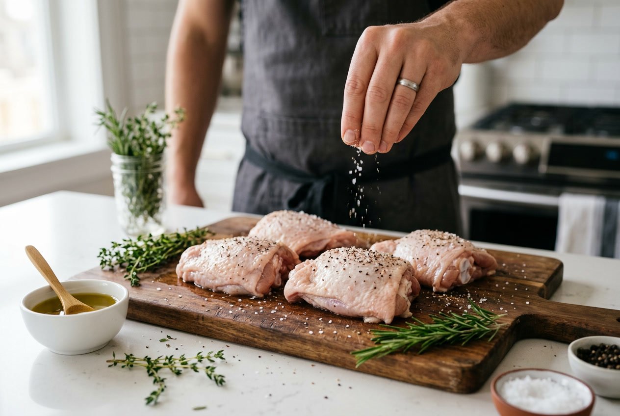 Close-up of raw chicken thighs on a cutting board being seasoned with herbs and spices in a kitchen.