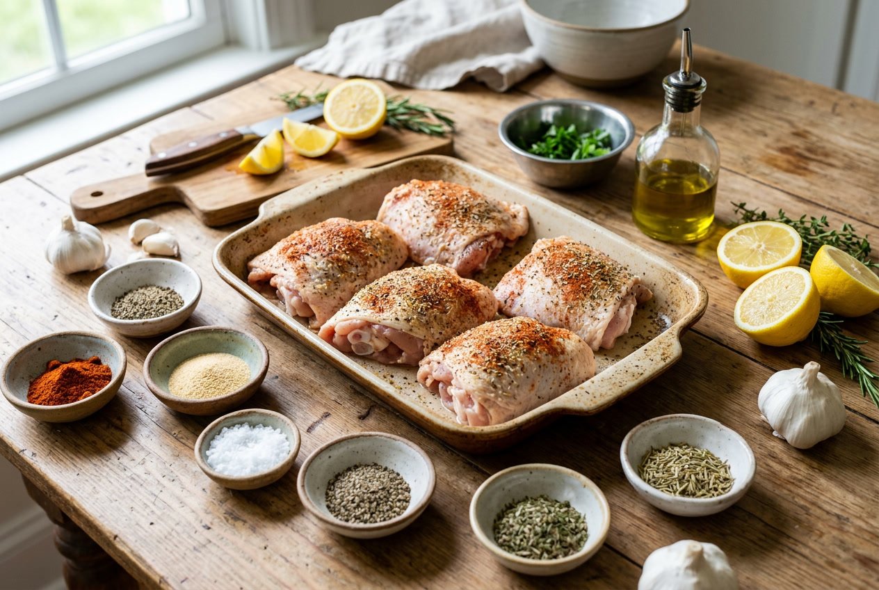 Raw chicken thighs on a wooden table surrounded by bowls of spices, fresh garlic, lemon wedges, and herbs.