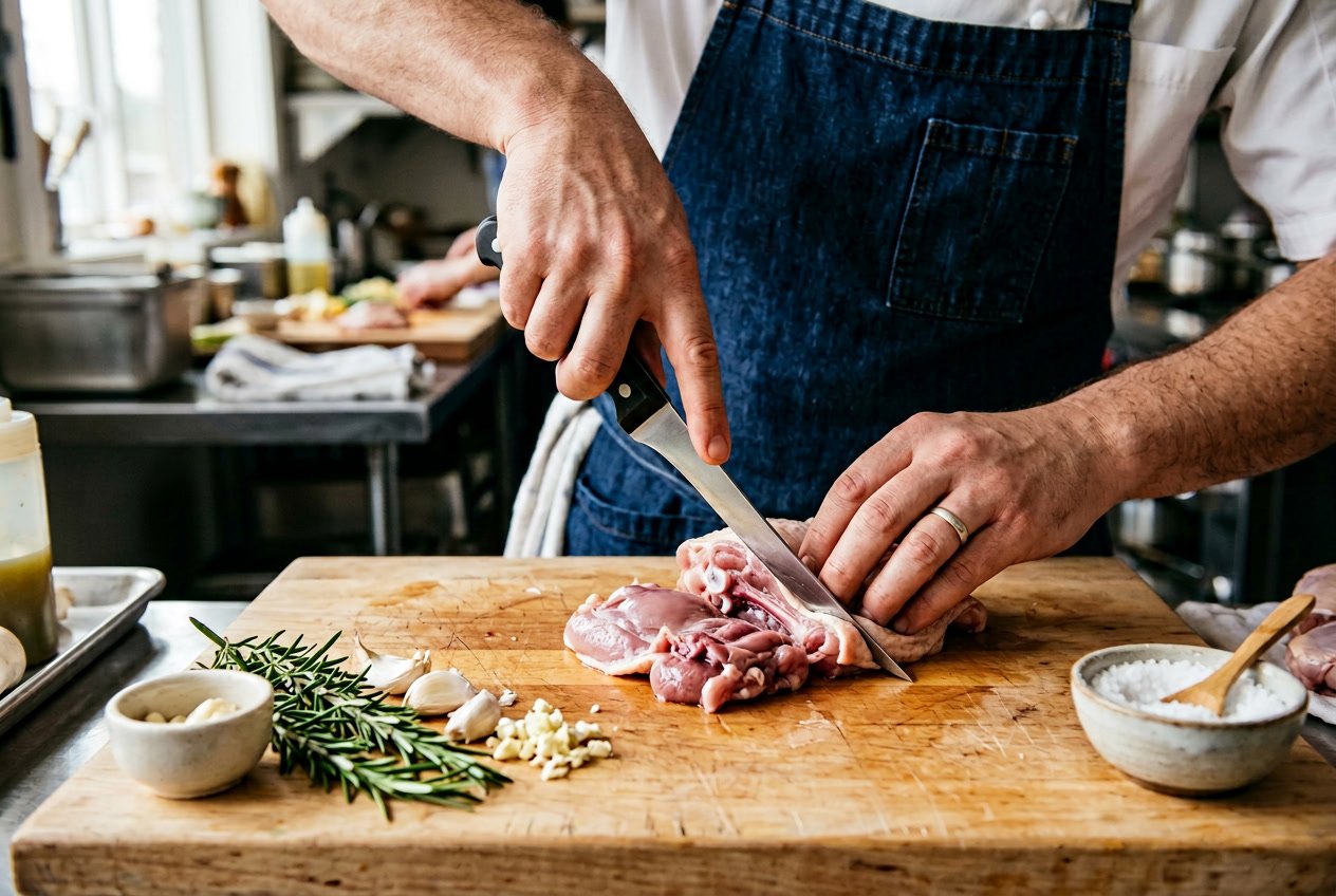 Chef's hands deboning raw chicken thighs on a wooden cutting board with fresh herbs nearby.
