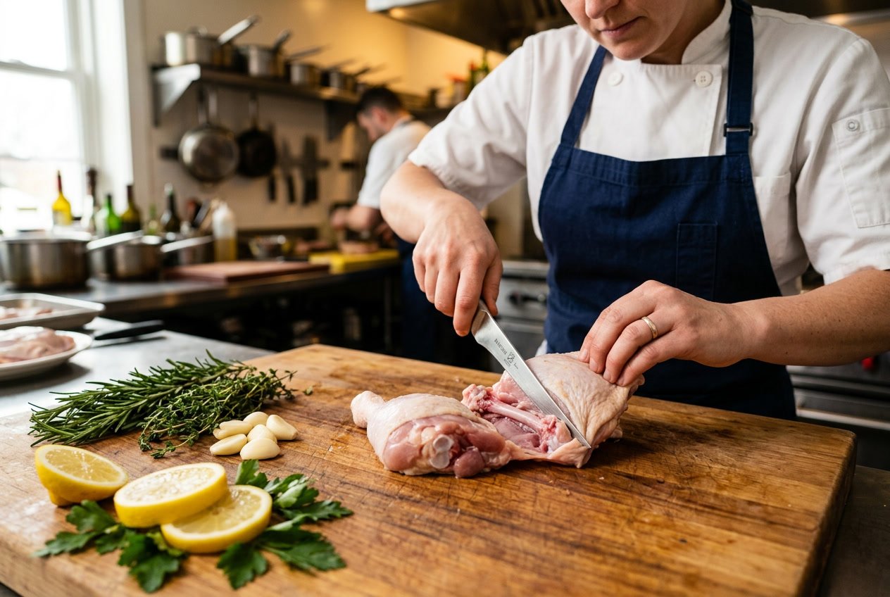 Hands carefully deboning a raw chicken thigh on a wooden cutting board in a kitchen setting.