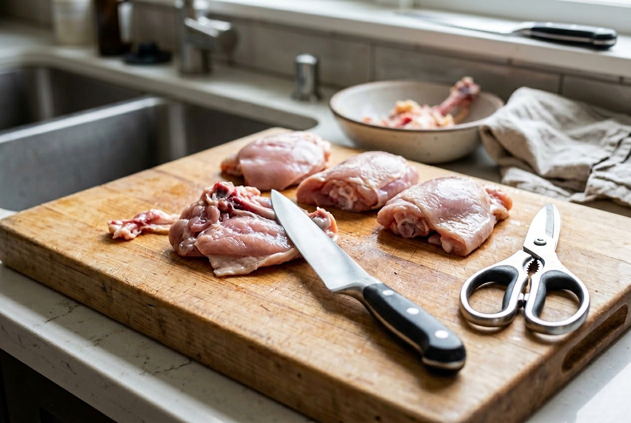 A kitchen workspace with a boning knife, cutting board holding raw chicken thighs, and kitchen shears arranged for deboning.