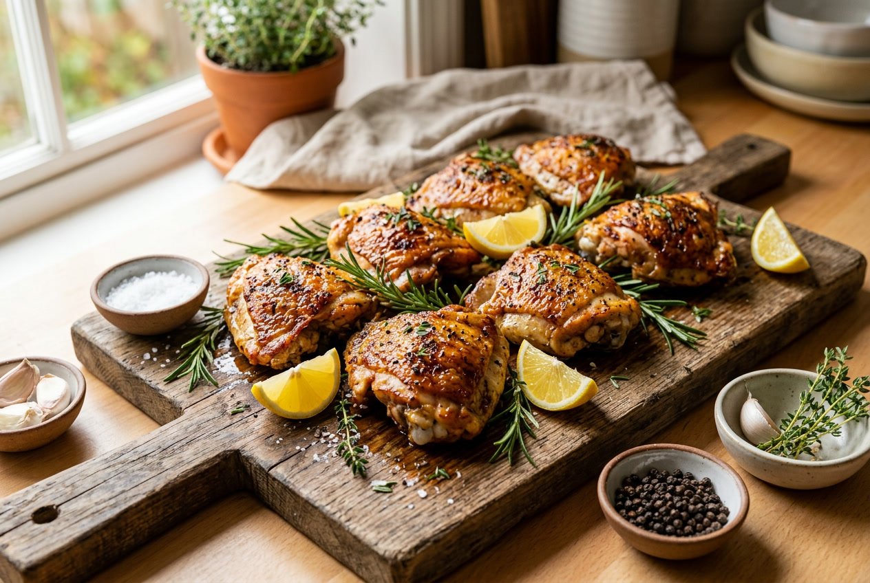 Cooked chicken thighs with crispy skin on a wooden cutting board garnished with rosemary and lemon wedges.