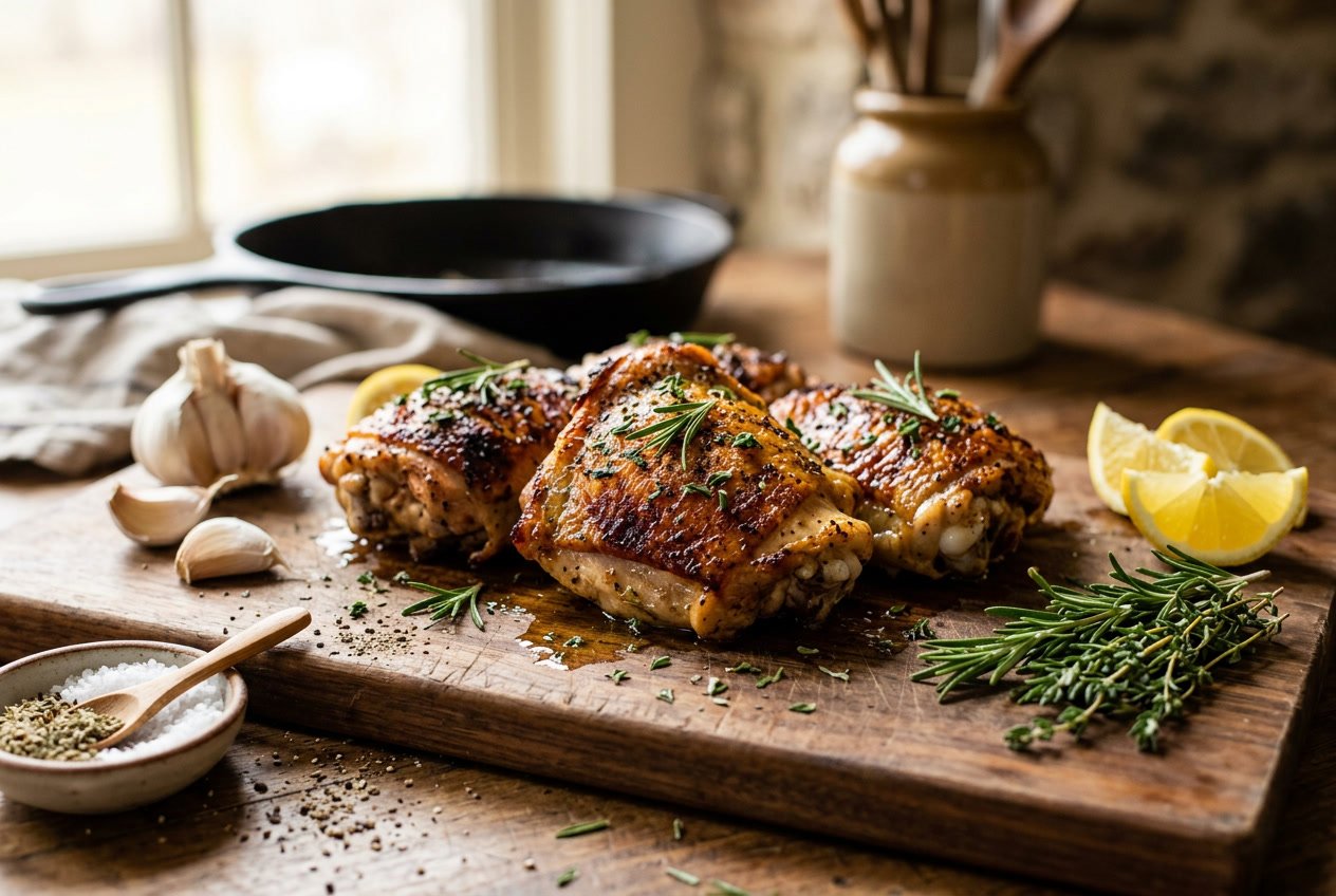 Close-up of cooked chicken thighs on a wooden cutting board with herbs and cooking ingredients around them.