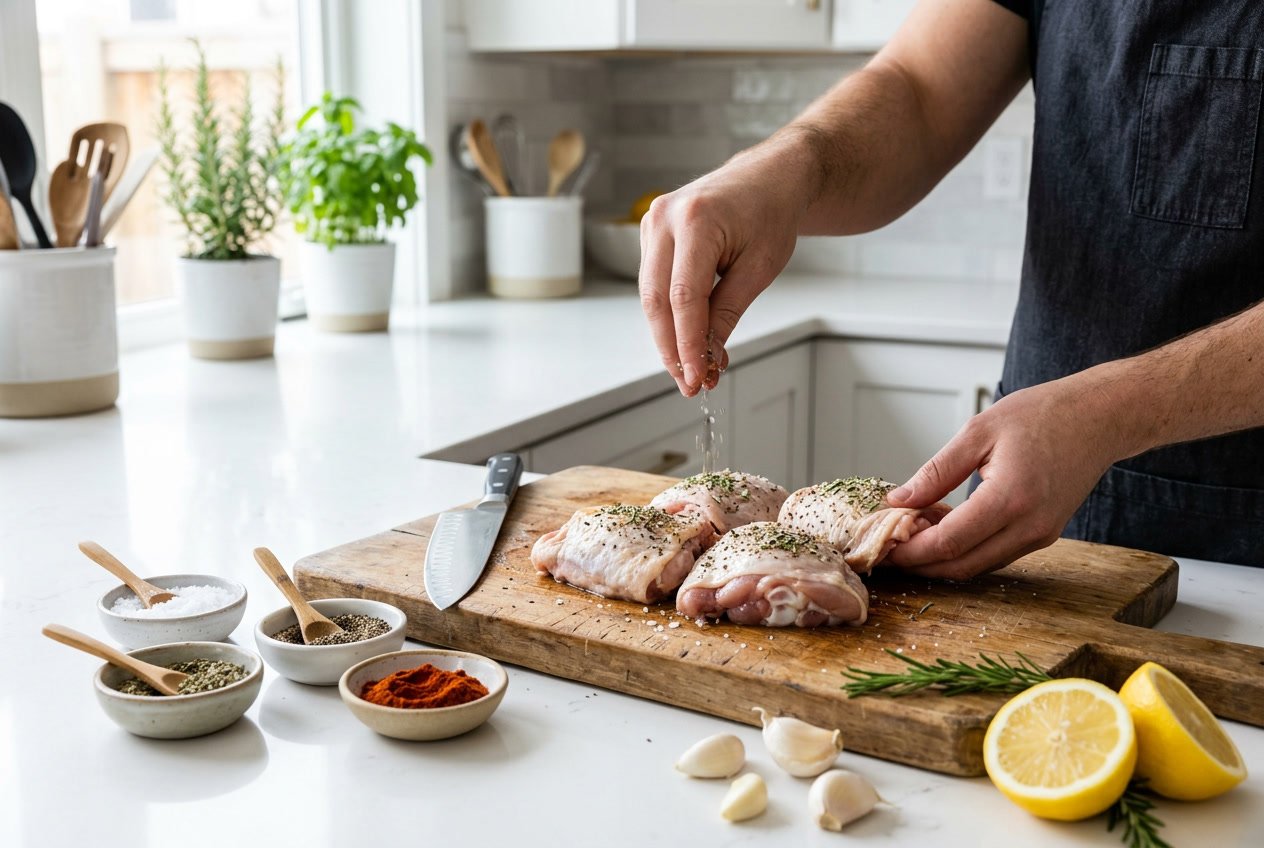 Hands seasoning raw chicken thighs on a cutting board in a kitchen with herbs and spices nearby.