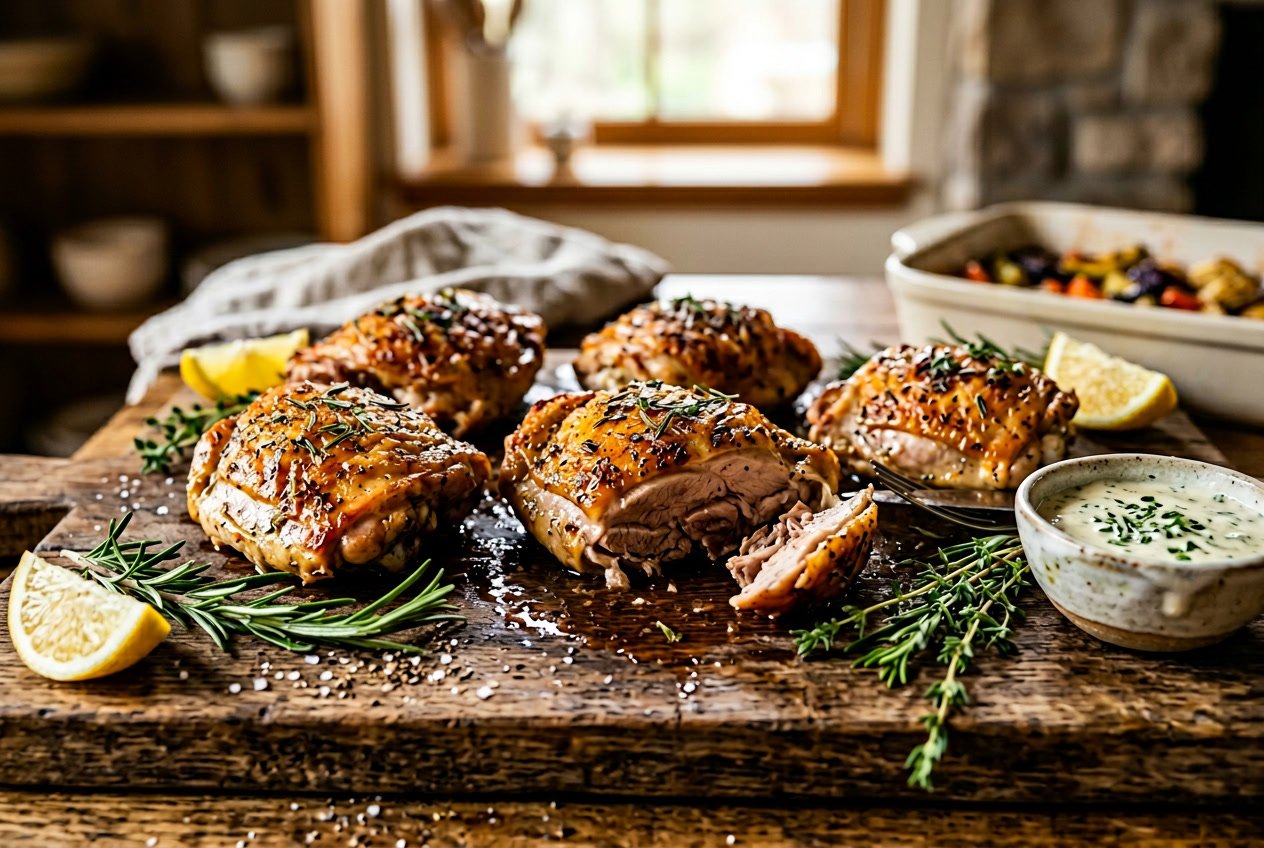 Close-up of cooked chicken thighs on a wooden cutting board with herbs, lemon wedges, and a small bowl of sauce.