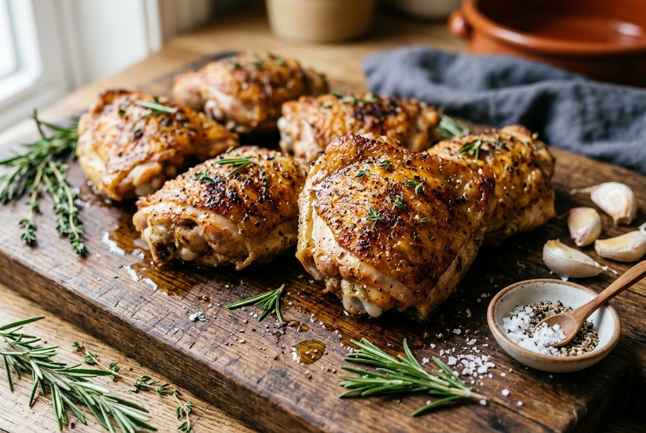 Close-up of cooked chicken thighs on a wooden cutting board with herbs and garlic around them.