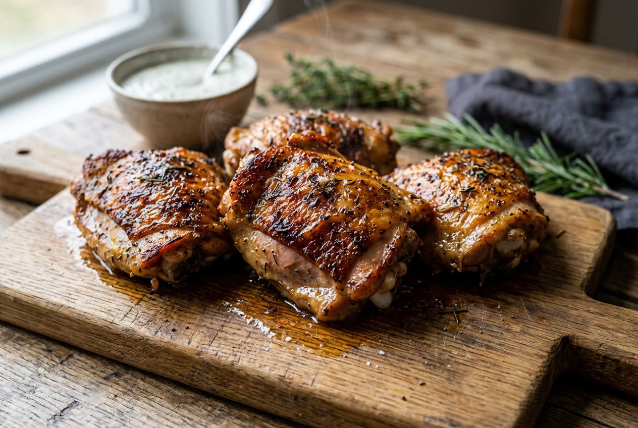 Close-up of cooked chicken thighs on a wooden board showing juicy, golden brown meat with herbs in the background.