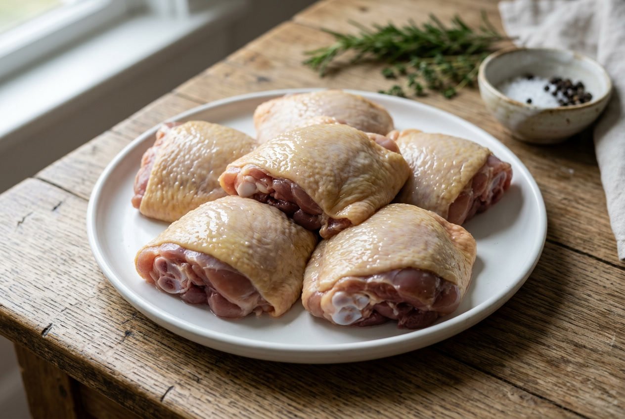 Raw chicken thighs on a white plate with herbs and seasoning on a wooden table.