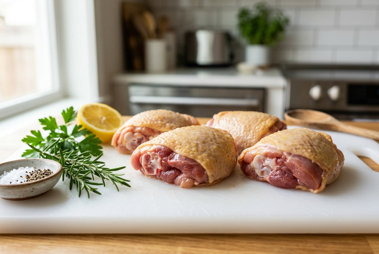 Close-up of raw chicken thighs on a cutting board with herbs and lemon in a kitchen setting.