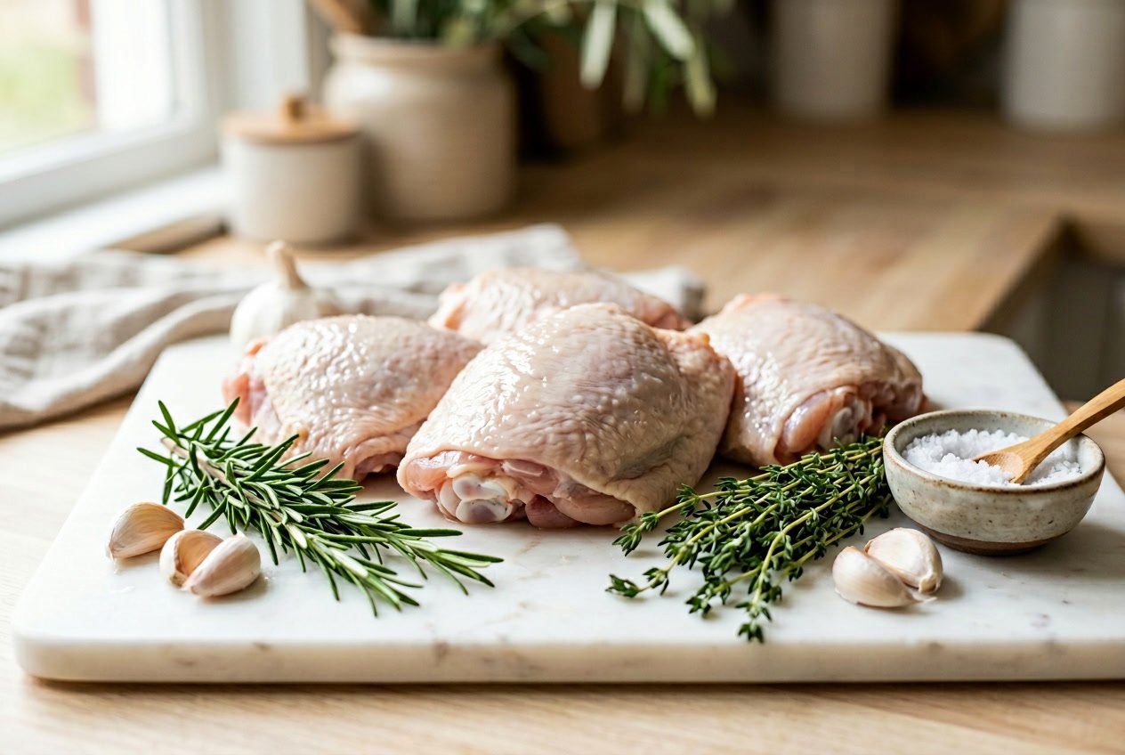 Close-up of raw chicken thighs on a cutting board with herbs and garlic nearby.