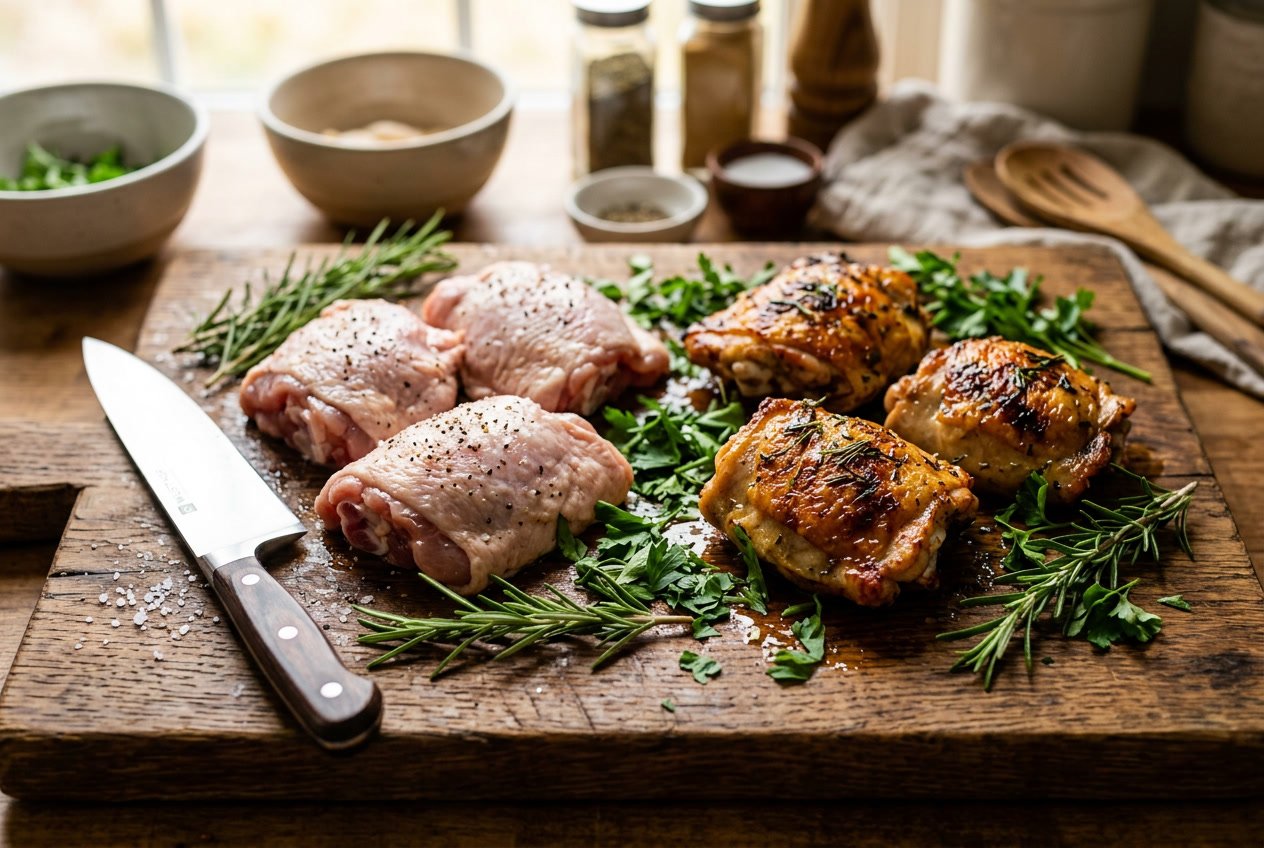 Close-up of raw and cooked chicken thighs on a wooden cutting board with fresh herbs and a knife nearby.