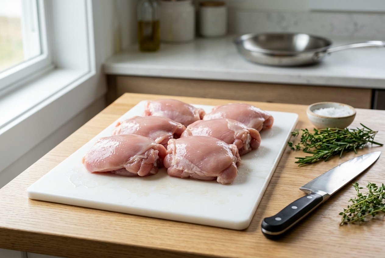 Close-up of raw boneless chicken thighs on a white cutting board with herbs and a knife nearby.