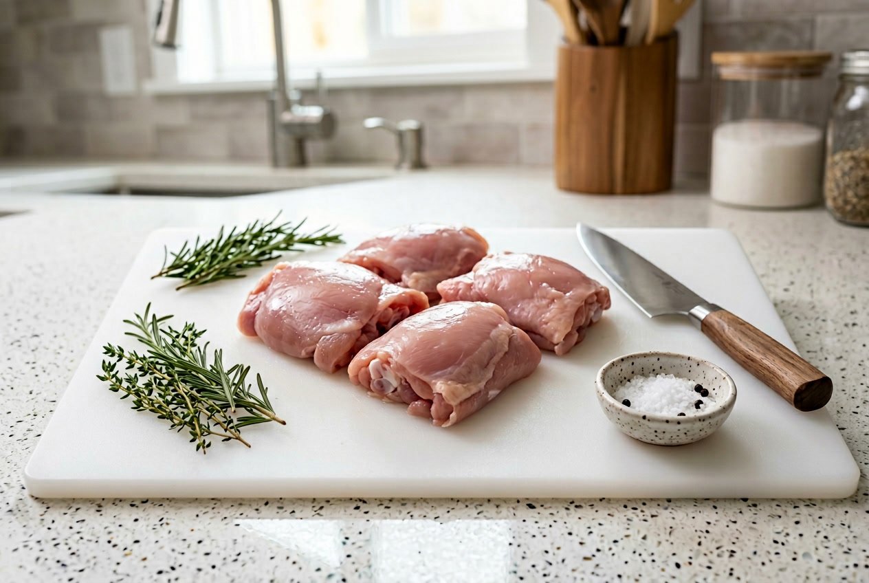 Close-up of fresh boneless chicken thighs on a cutting board with herbs and a kitchen knife nearby.