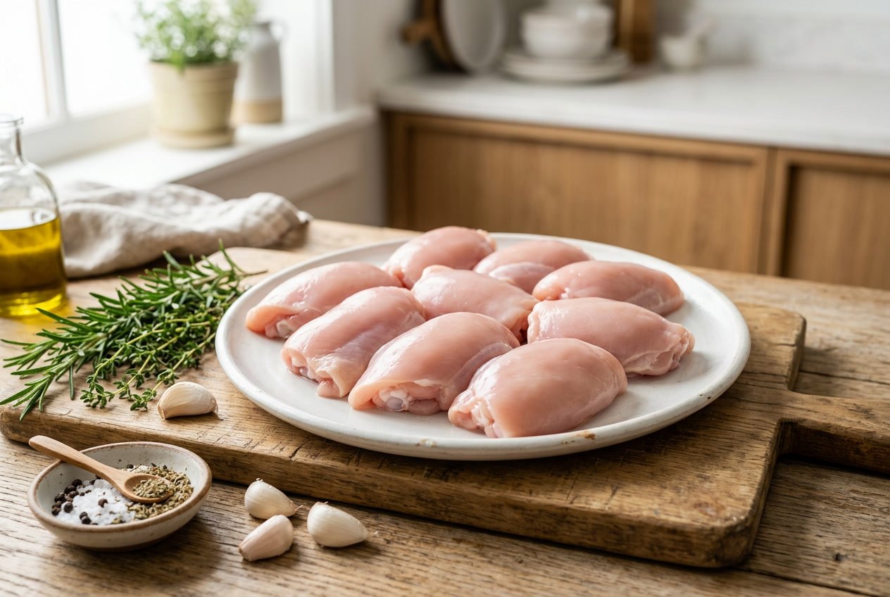 A plate of fresh raw boneless skinless chicken thighs with herbs and garlic on a kitchen countertop.