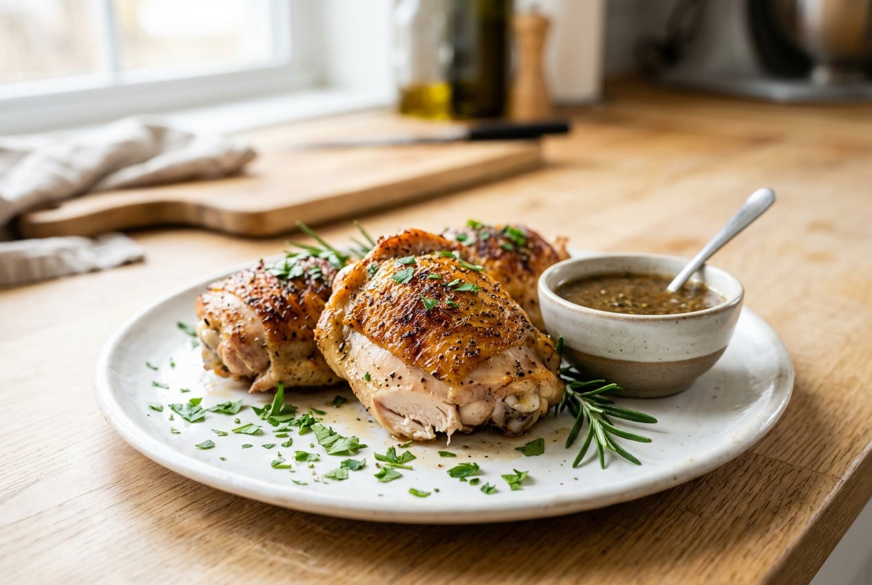Close-up of cooked chicken thighs on a white plate garnished with herbs and a small bowl of sauce on a kitchen countertop.