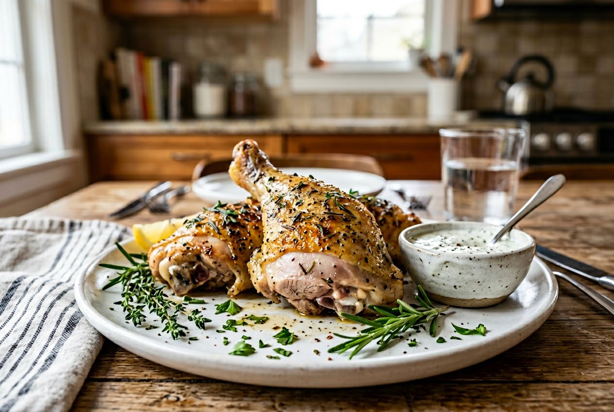 Close-up of cooked chicken thighs on a plate with herbs, showing a slight pink color near the bone.