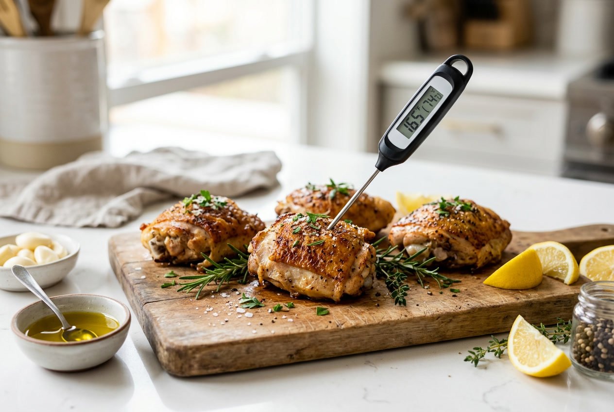 Cooked chicken thighs on a cutting board with a meat thermometer showing the temperature, surrounded by herbs and cooking ingredients.