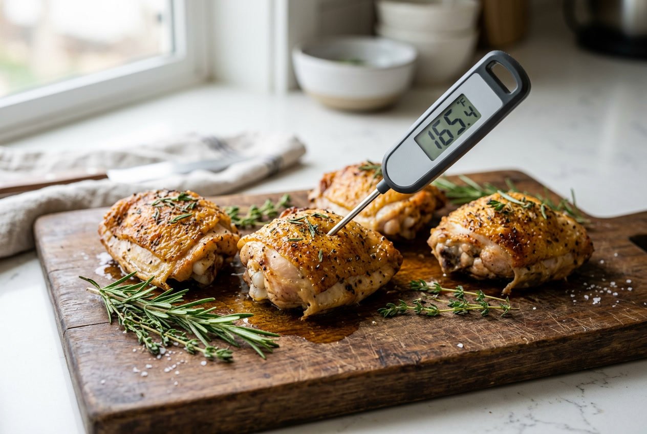 Cooked chicken thighs on a cutting board with a food thermometer showing the internal temperature.