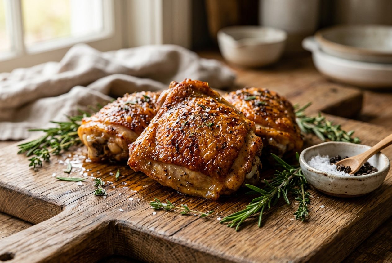 Close-up of cooked chicken thighs on a wooden cutting board with fresh herbs and seasoning in a kitchen setting.