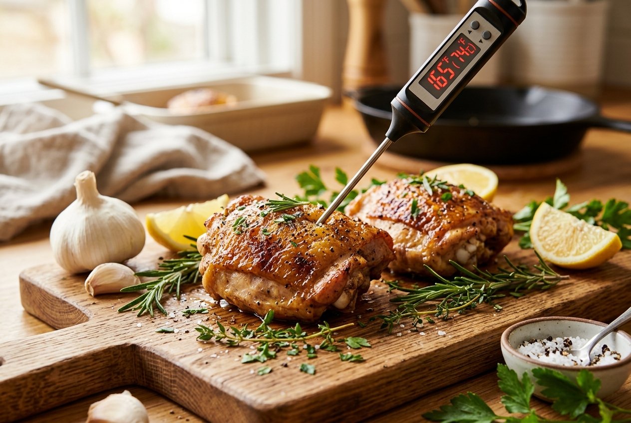 Cooked chicken thighs on a cutting board with a meat thermometer showing the temperature.