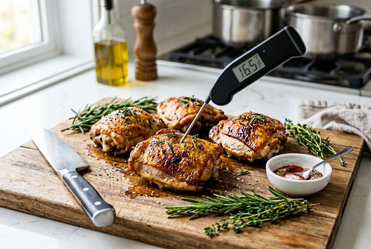 Close-up of cooked chicken thighs on a cutting board with a digital meat thermometer showing the temperature, surrounded by fresh herbs and kitchen utensils.
