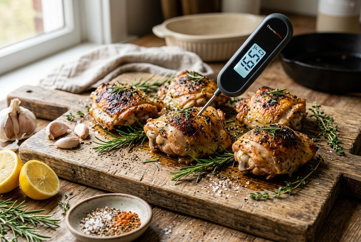Cooked chicken thighs on a wooden cutting board with a meat thermometer inserted, surrounded by fresh herbs and ingredients.
