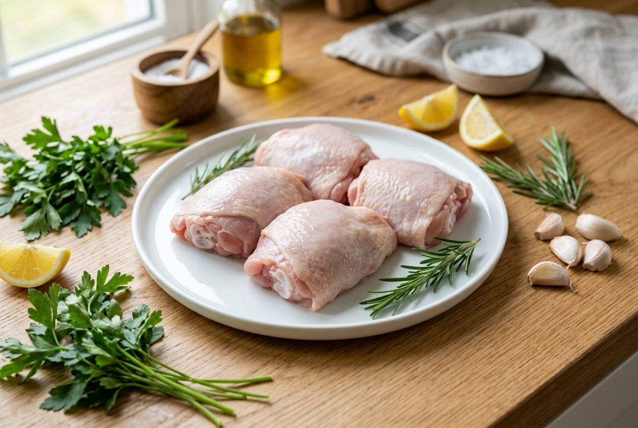 Fresh raw chicken thighs on a white plate with herbs, lemon wedges, and garlic on a wooden countertop.