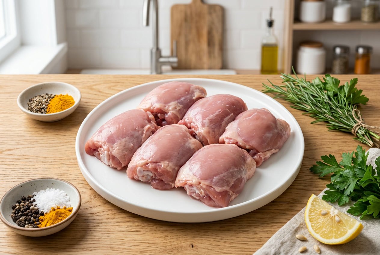Fresh raw chicken thighs on a white plate with herbs and spices on a wooden kitchen countertop.