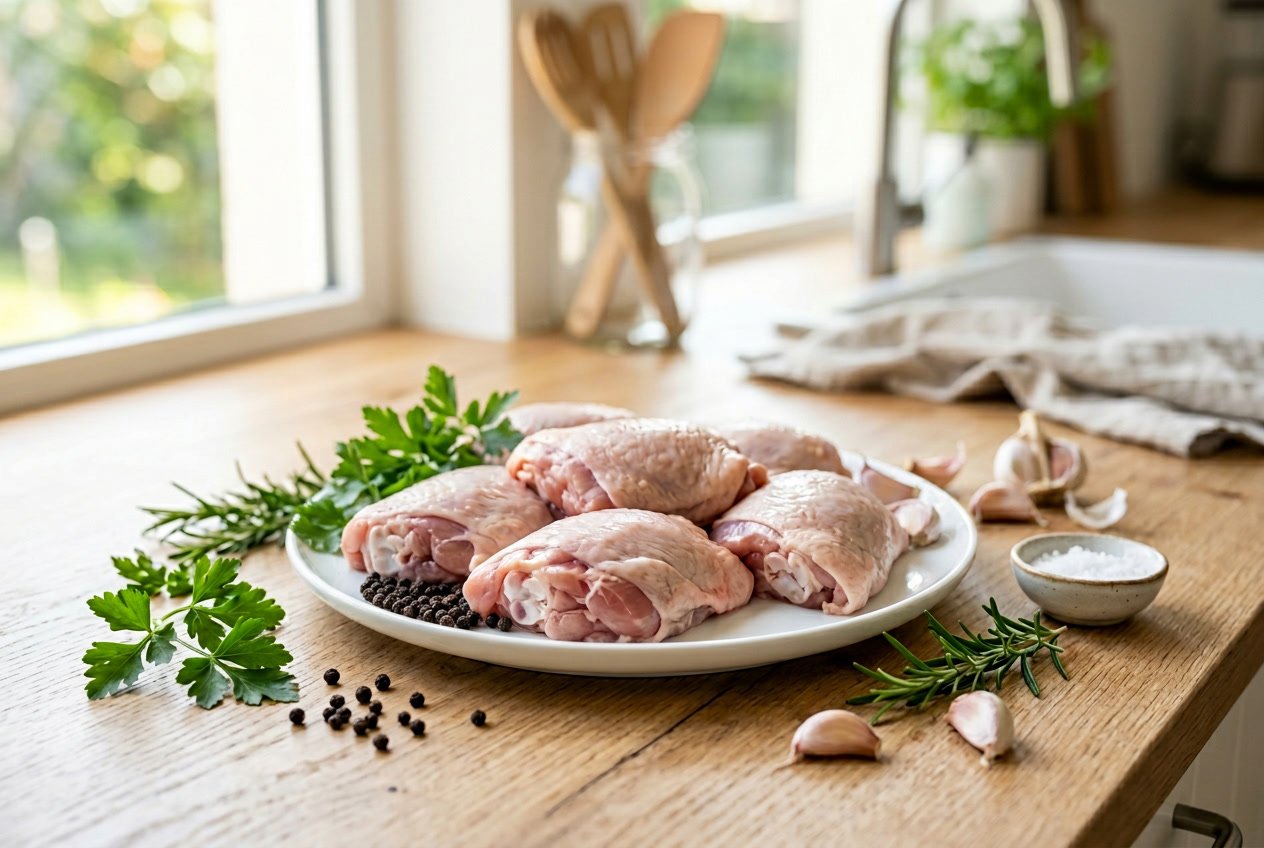 Fresh raw chicken thighs on a white plate with herbs and spices on a bright kitchen countertop.