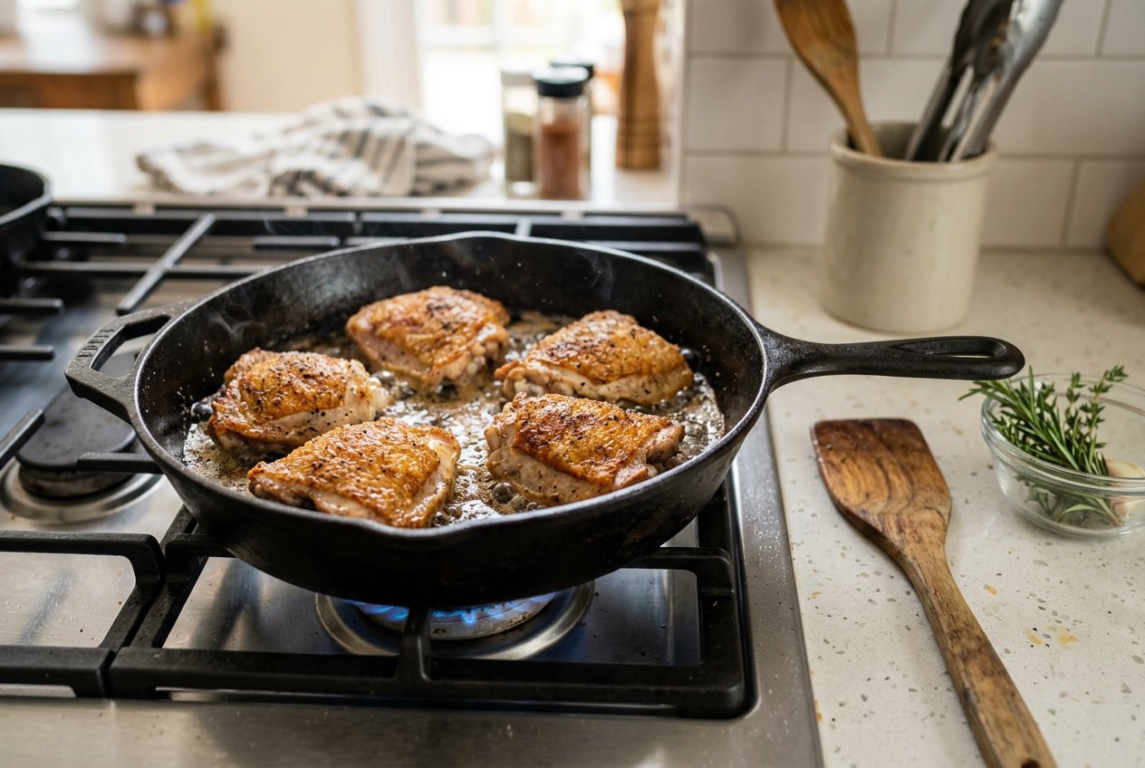Chicken thighs frying in a skillet on a stovetop with crispy golden skin and cooking utensils nearby.