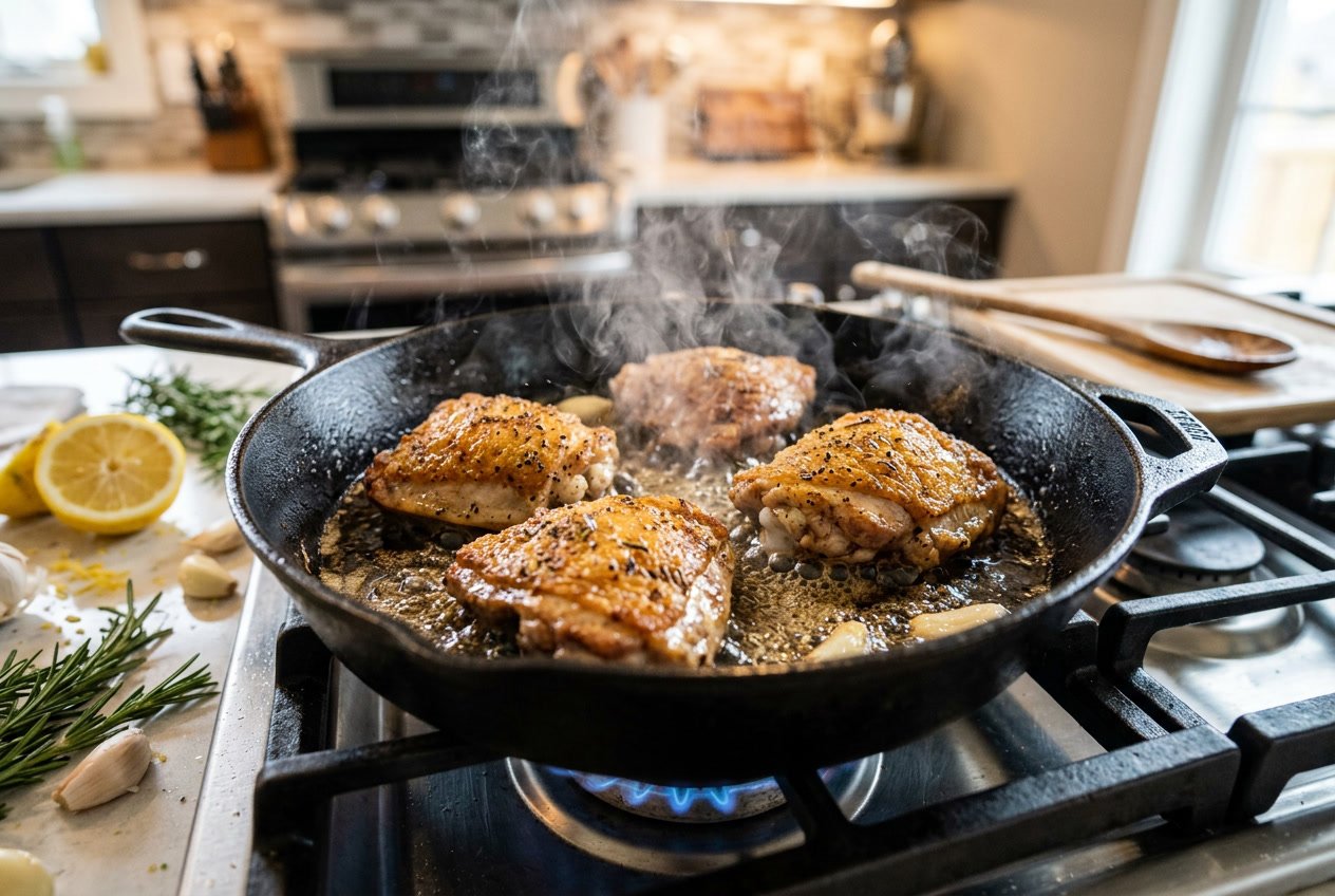 Close-up of chicken thighs frying in a skillet with steam rising and fresh herbs nearby.