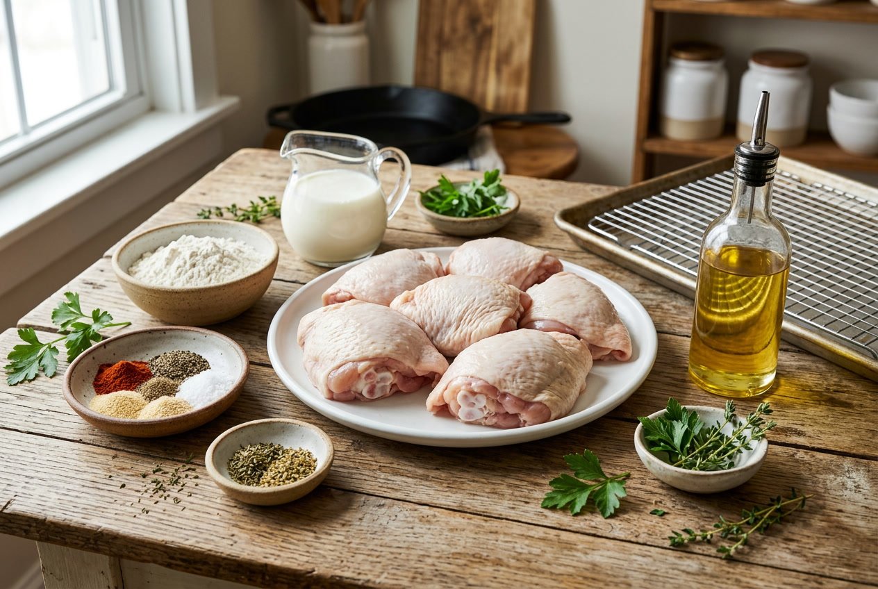 Raw chicken thighs on a plate surrounded by bowls of flour, spices, buttermilk, fresh herbs, and cooking oil on a wooden kitchen table.