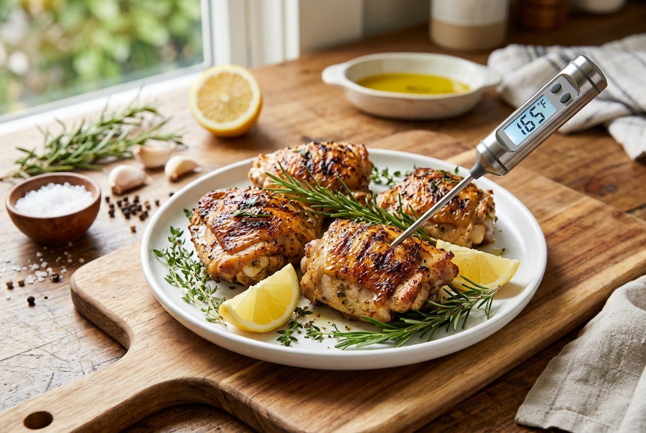 Cooked chicken thighs on a plate with a meat thermometer inserted, surrounded by fresh herbs and ingredients in a kitchen setting.