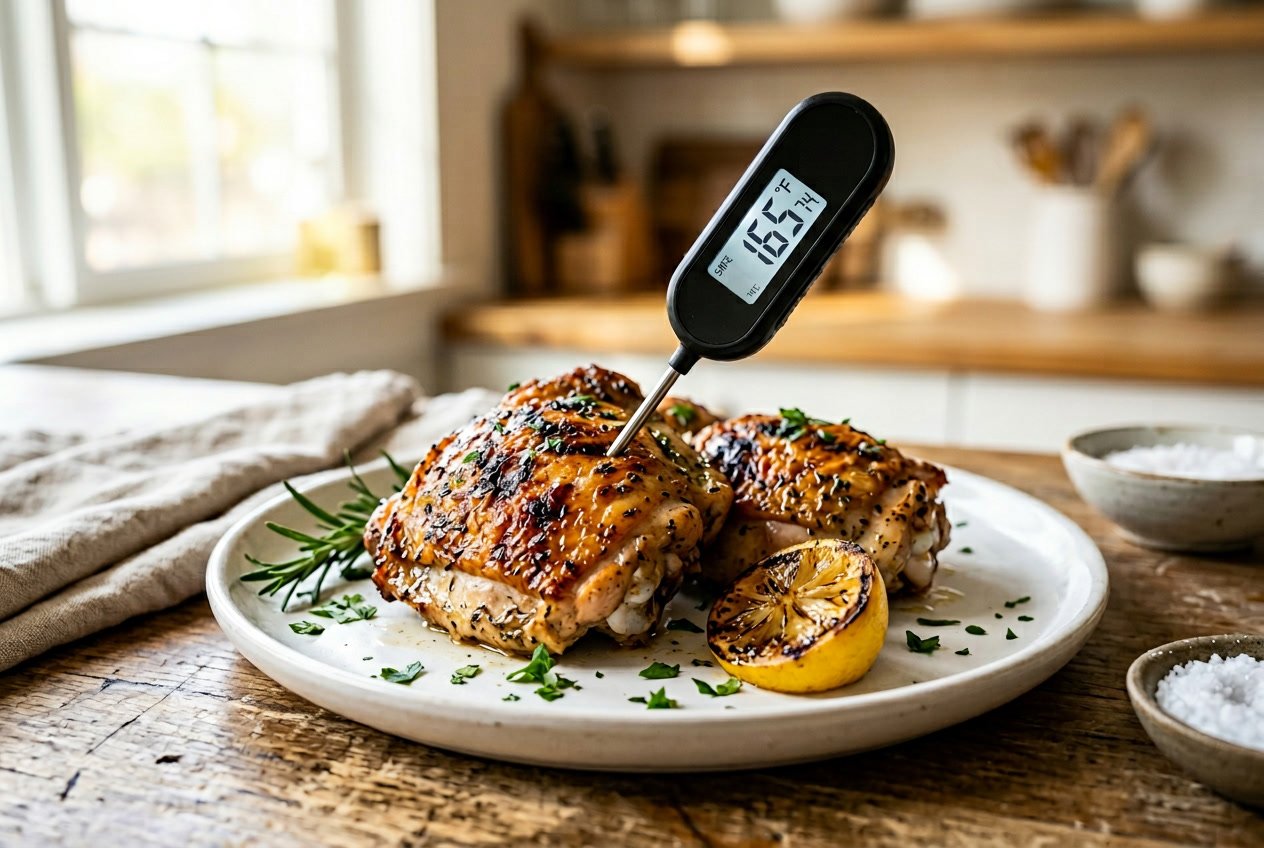 Close-up of cooked chicken thighs on a plate with a food thermometer inserted showing a safe internal temperature.