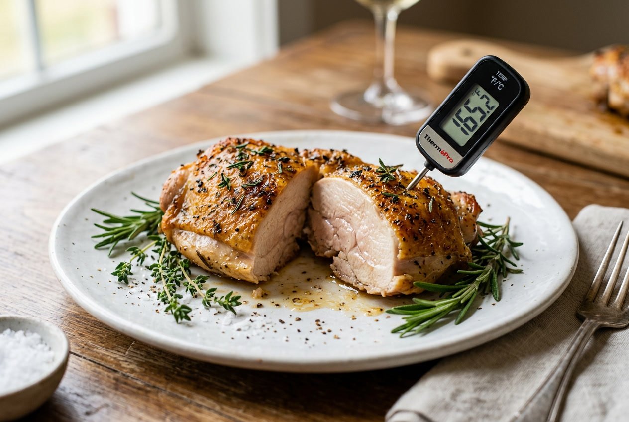 A cooked chicken thigh sliced open on a plate with a digital meat thermometer inserted, garnished with fresh herbs.