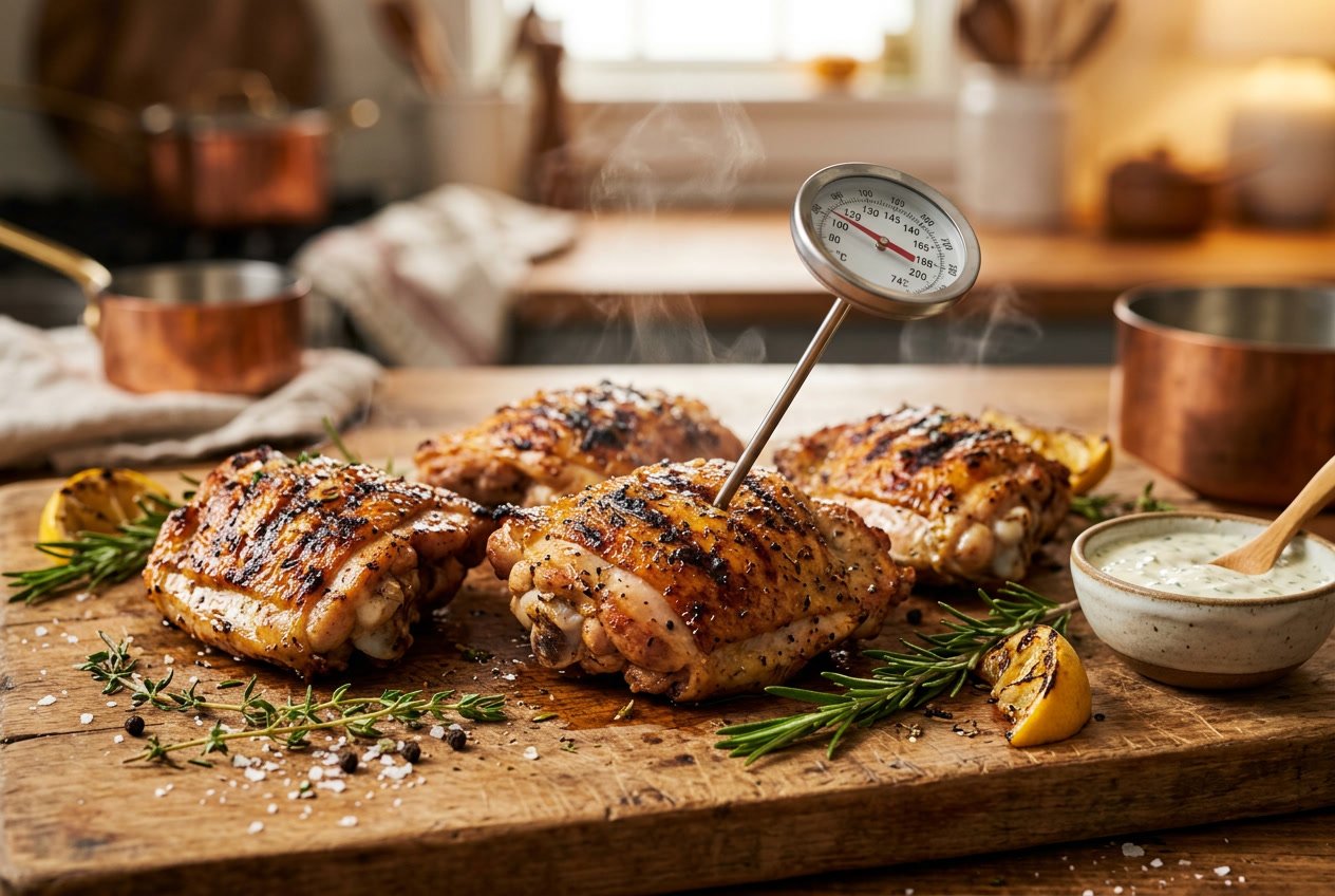 Close-up of perfectly cooked golden brown chicken thighs on a wooden cutting board with herbs and a meat thermometer showing the temperature.